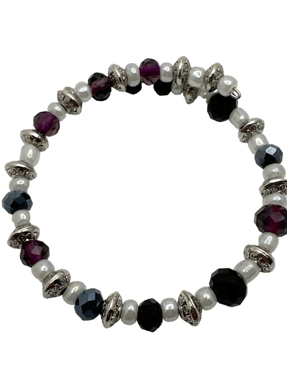 Multicolor Bead Coil Bracelet Stretch Eclectic Silver Purple White